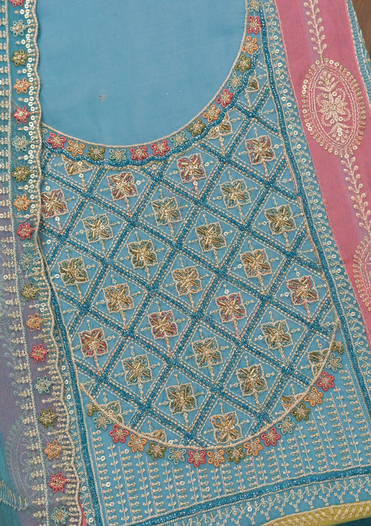 Sky Blue Zariwork Semi Crepe Unstitched Salwar Suit