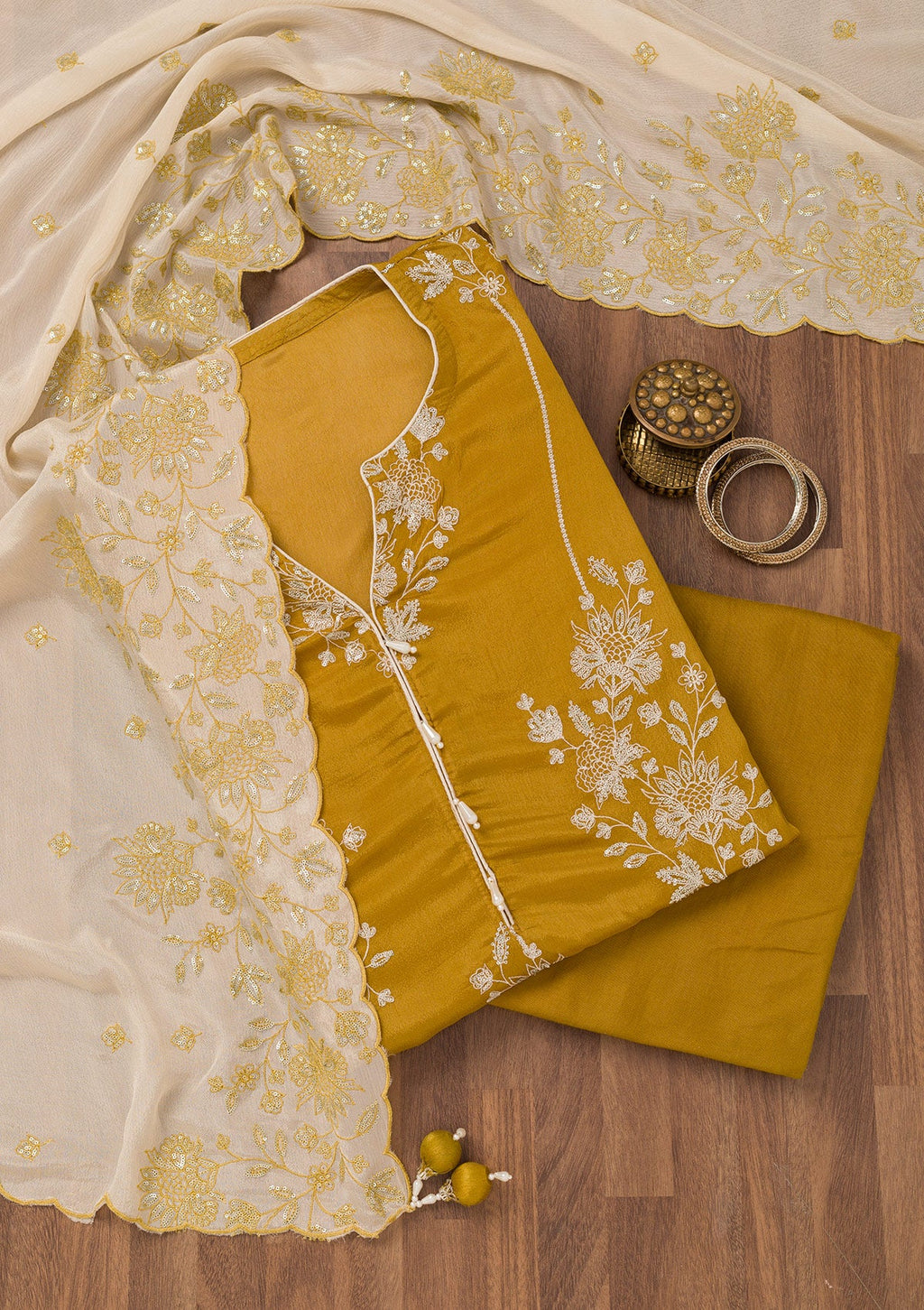 Mustard Zariwork Semi Crepe Unstitched Salwar Suit