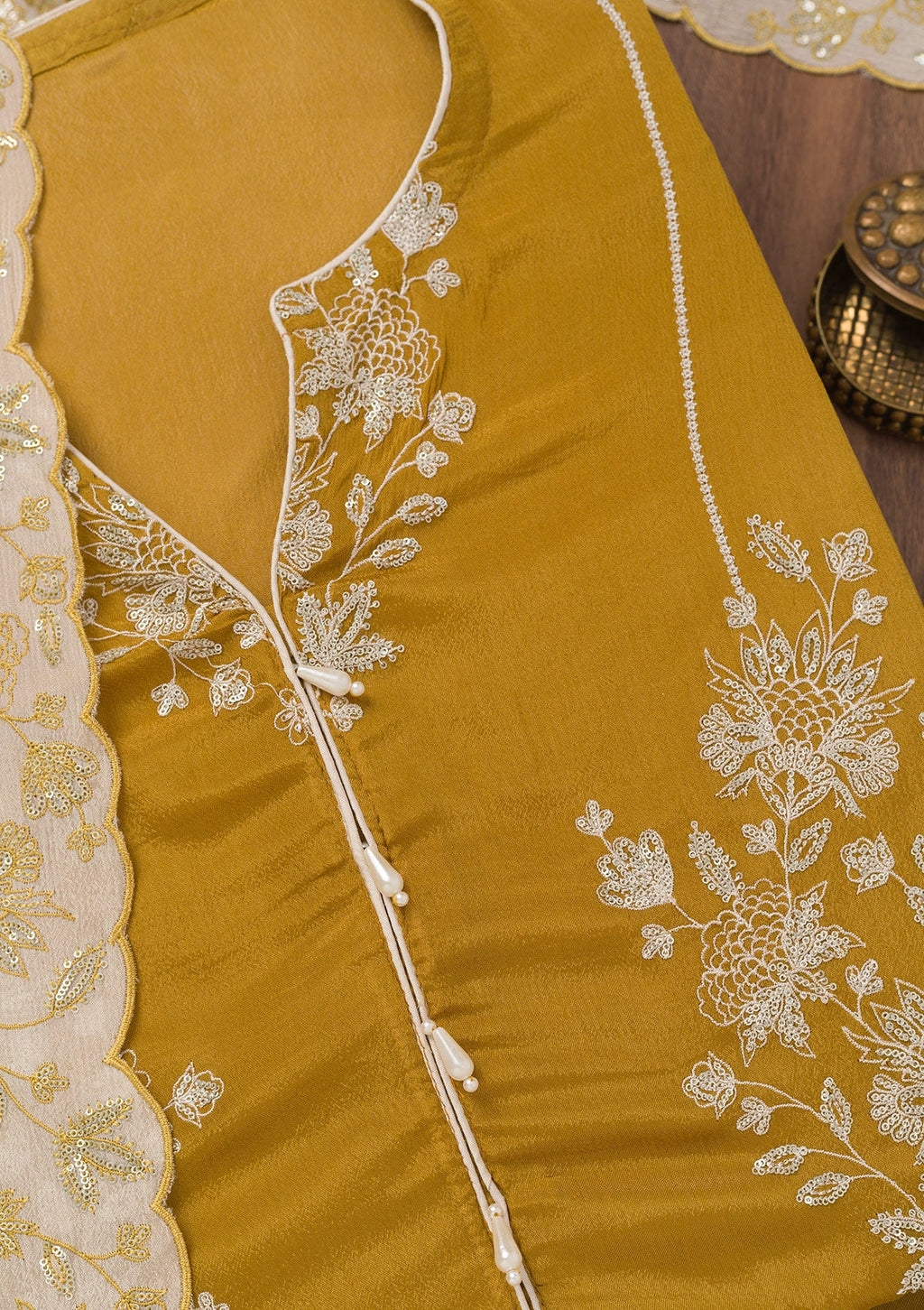 Mustard Zariwork Semi Crepe Unstitched Salwar Suit