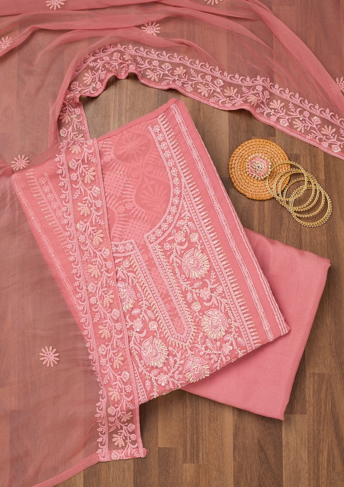 Peach Chikankari Georgette Unstitched Salwar Suit