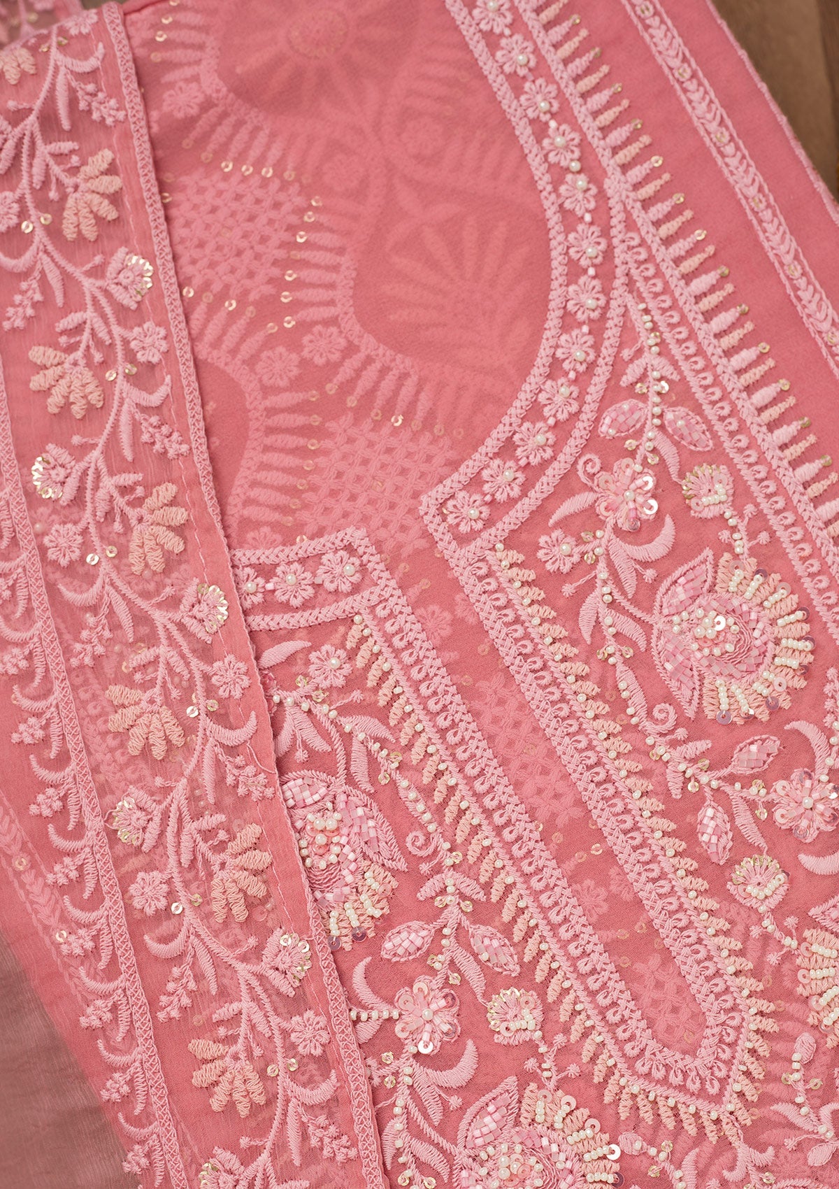 Peach Chikankari Georgette Unstitched Salwar Suit