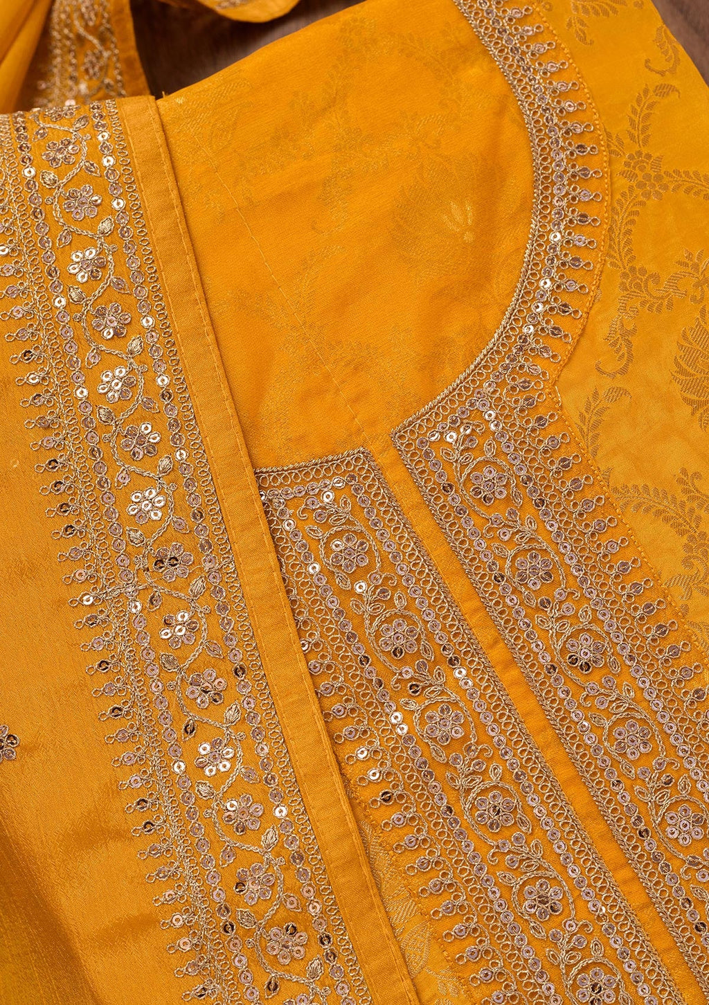 Yellow Zariwork Tissue Unstitched Salwar Suit