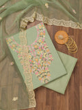 Pista Green Threadwork Semi Crepe Unstitched Salwar Suit