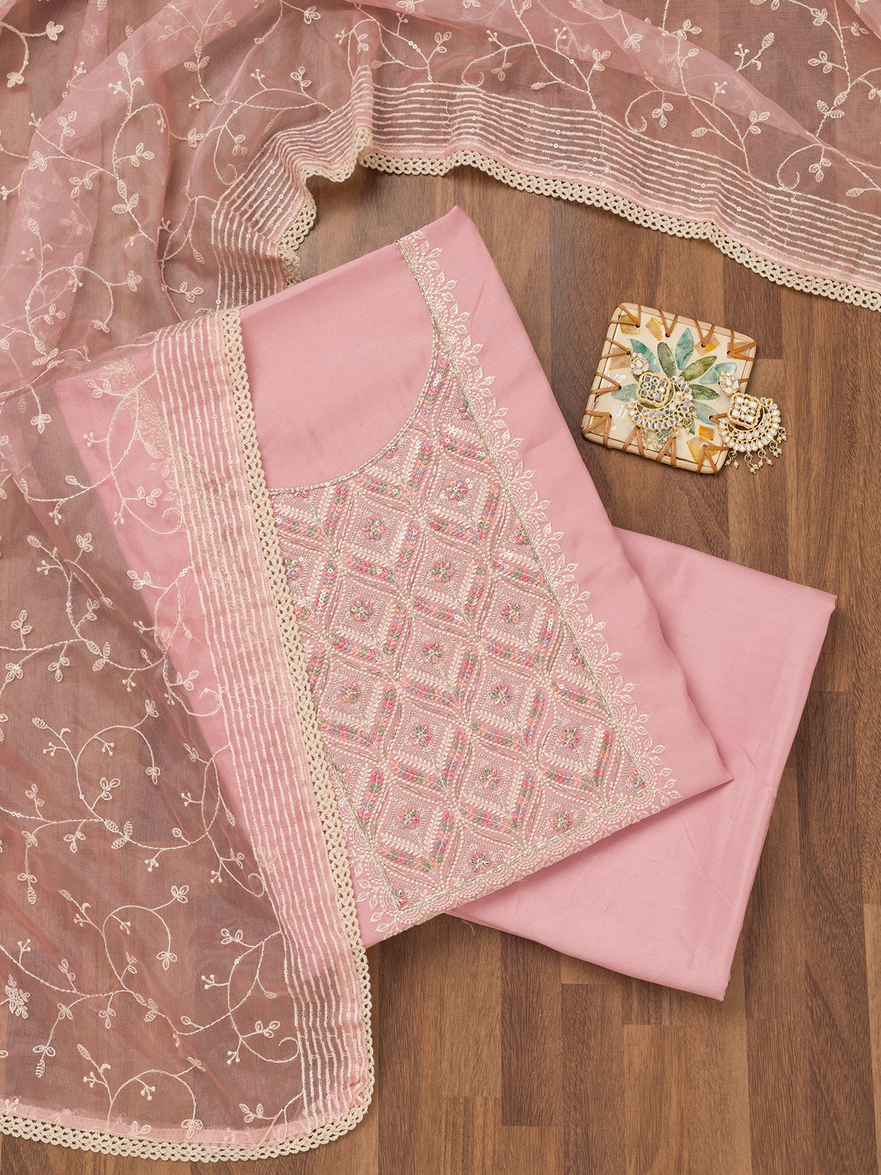 Baby Pink Threadwork Chanderi Unstitched Salwar Suit