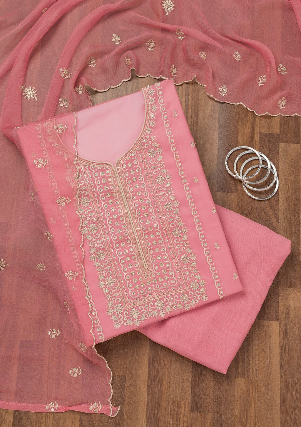 Pink Zariwork Tissue Unstitched Salwar Suit