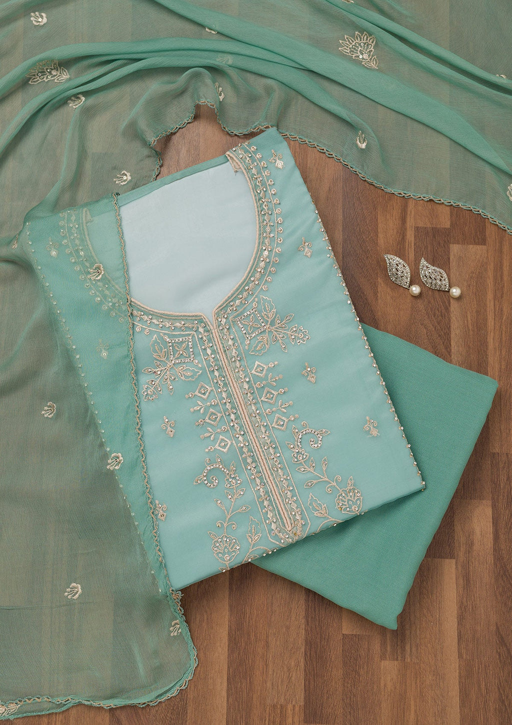 Sea Green Zariwork Tissue Unstitched Salwar Suit