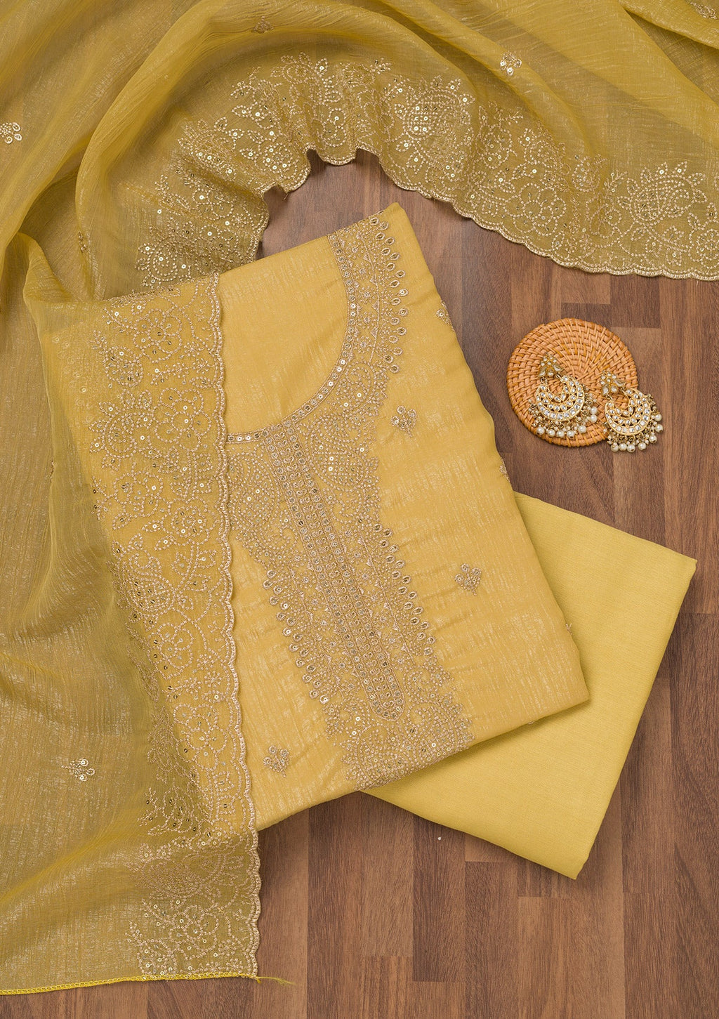 Mustard Zariwork Georgette Unstitched Salwar Suit