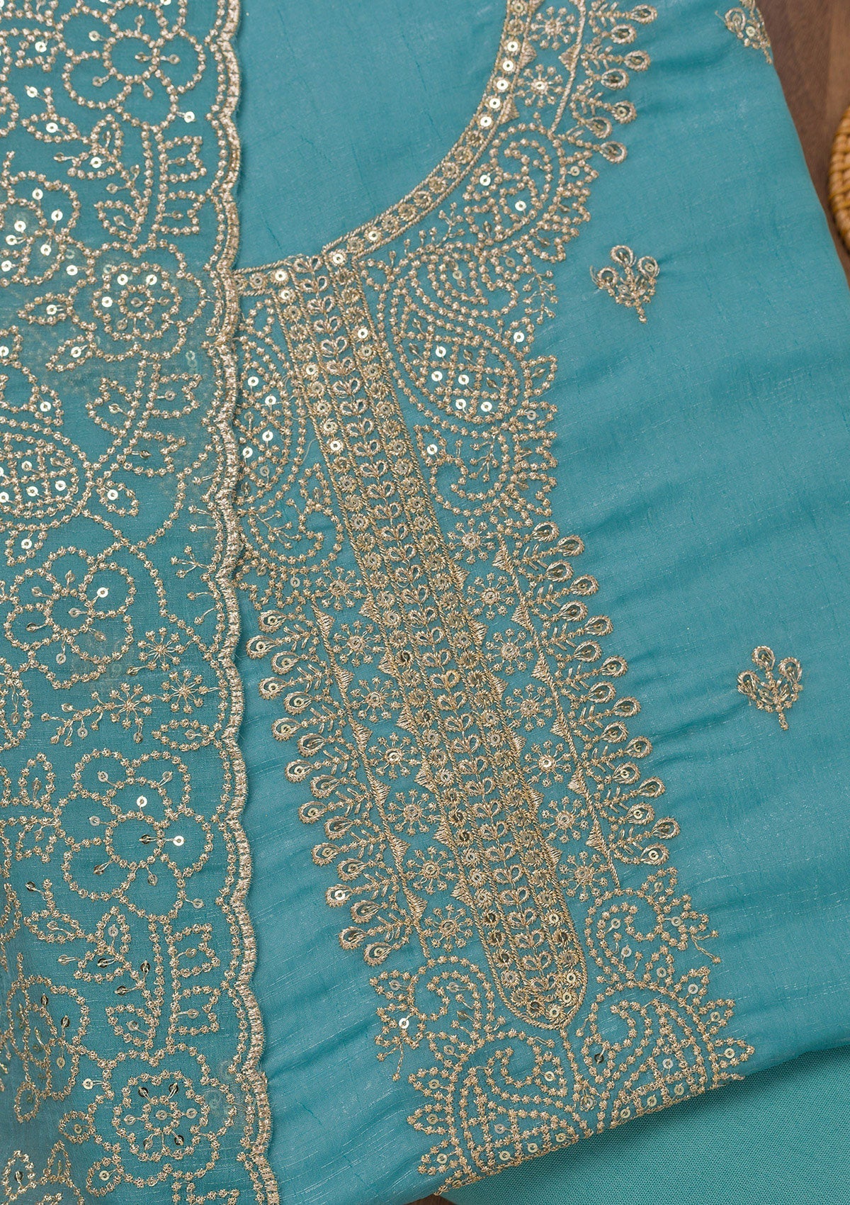Sky Blue Zariwork Georgette Unstitched Salwar Suit