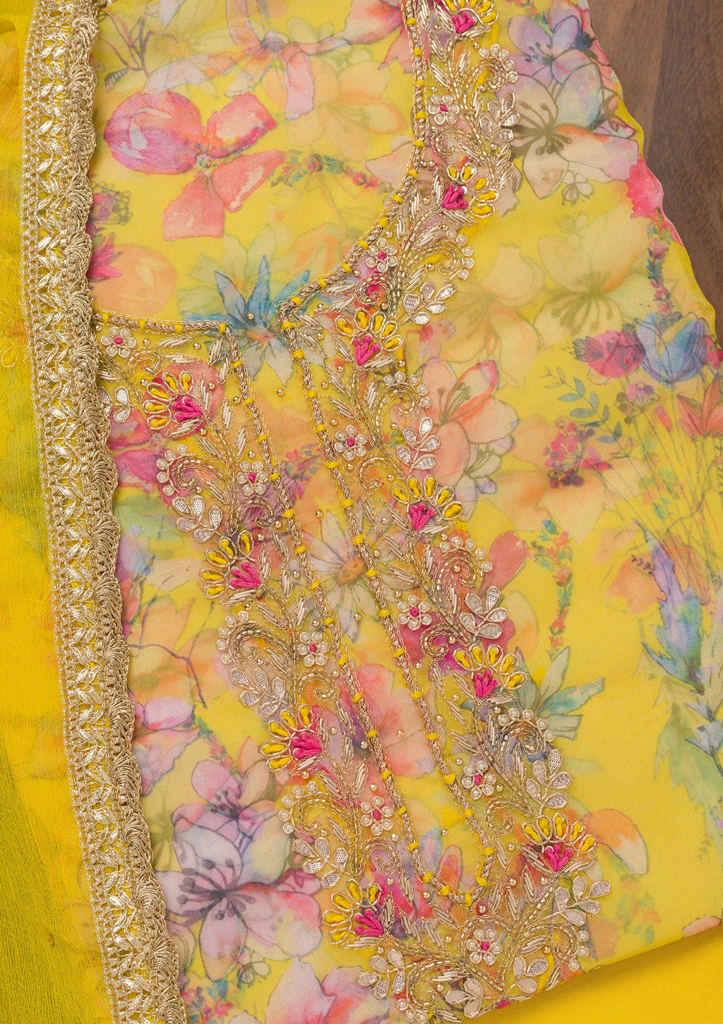 Yellow Stonework Tissue Unstitched Salwar Suit
