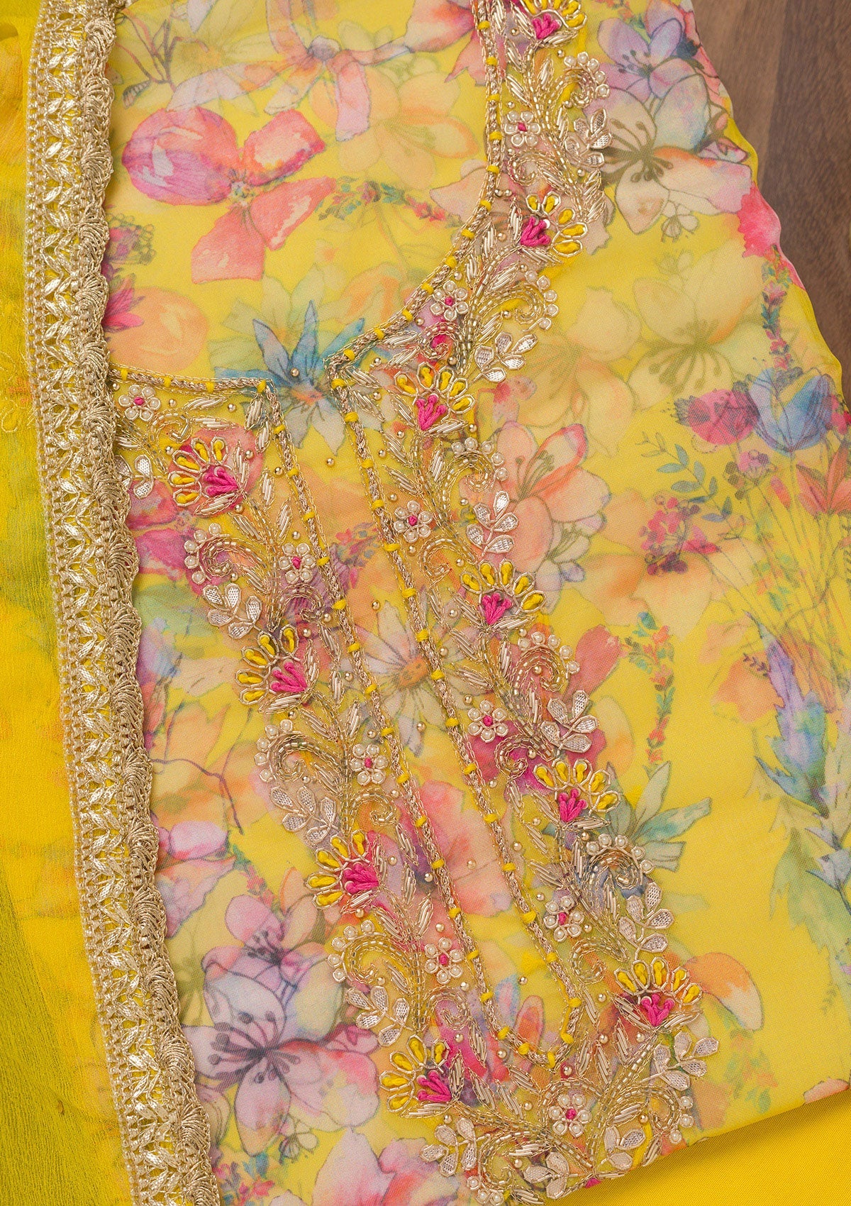 Yellow Stonework Tissue Unstitched Salwar Suit
