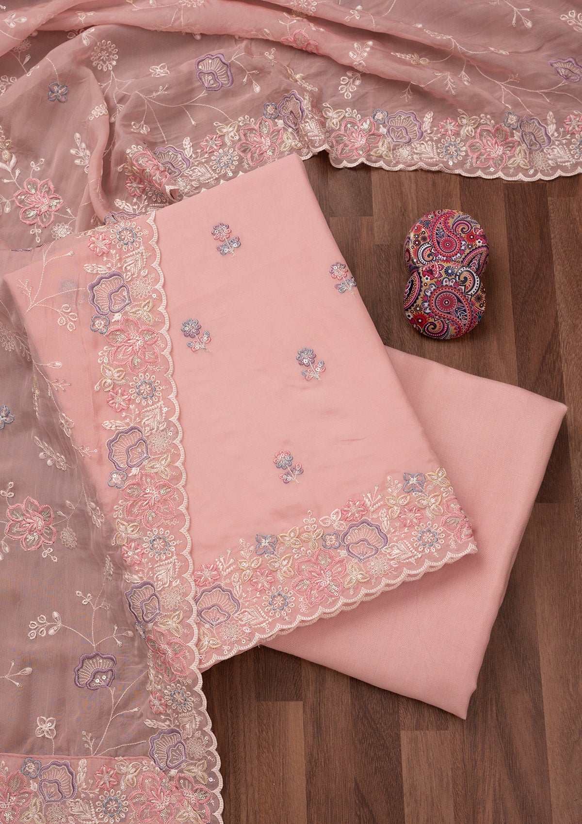 Pink Zariwork Semi Crepe Unstitched Salwar Suit