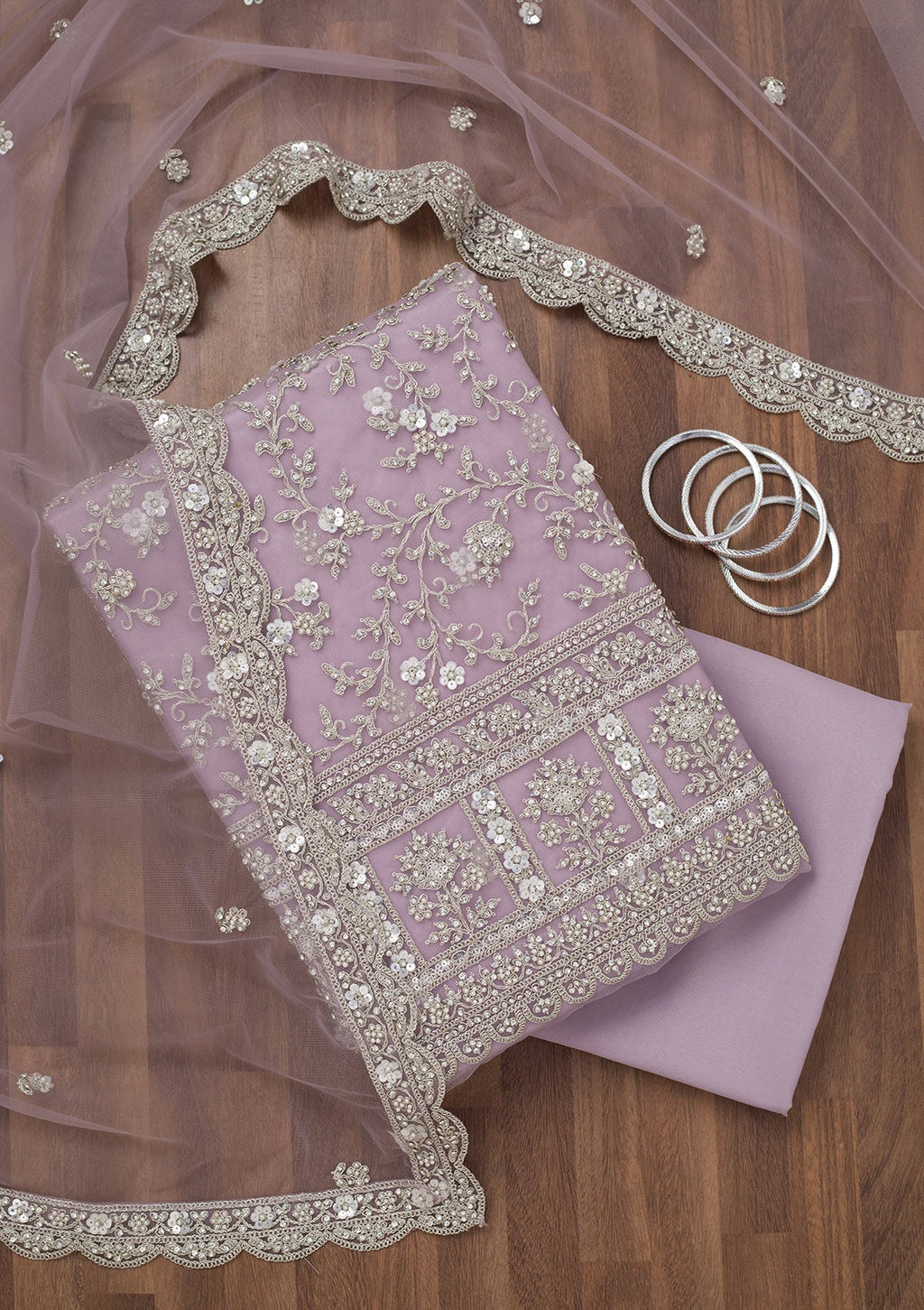 Lavender Stonework Net Unstitched Salwar Suit