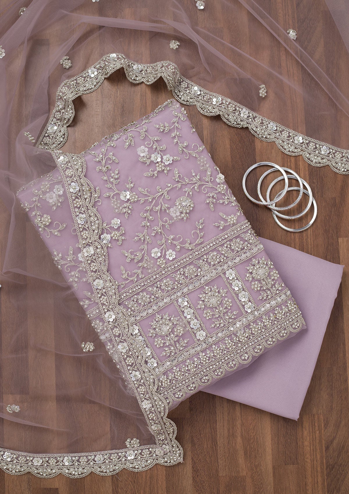 Lavender Stonework Net Unstitched Salwar Suit