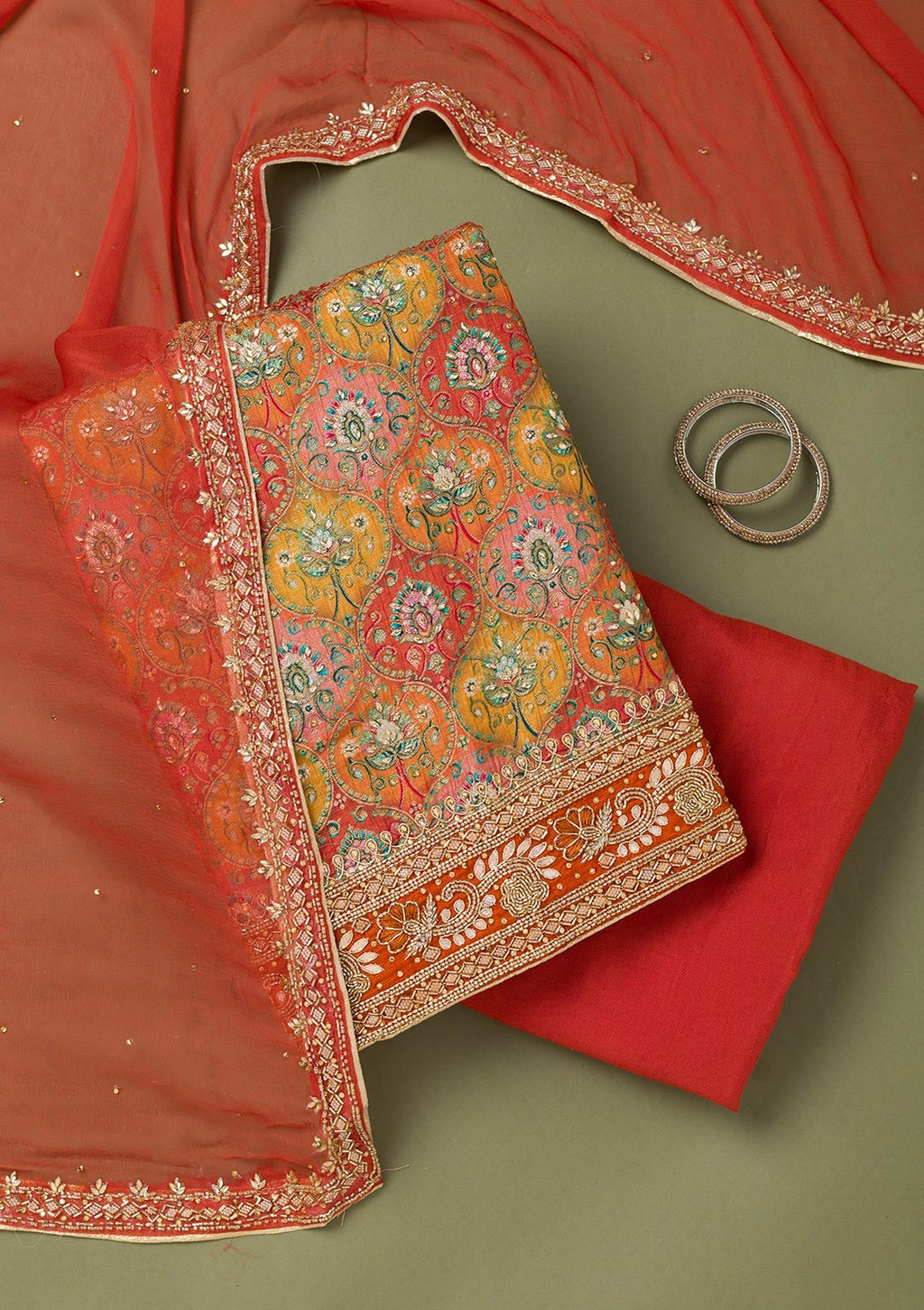 Mustard Stonework Semi Crepe Unstitched Salwar Suit