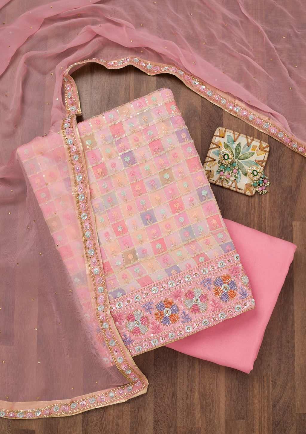 Pink Stonework Georgette Unstitched Salwar Suit