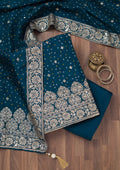 Peacock Blue Mirrorwork Semi Crepe Unstitched Salwar Suit