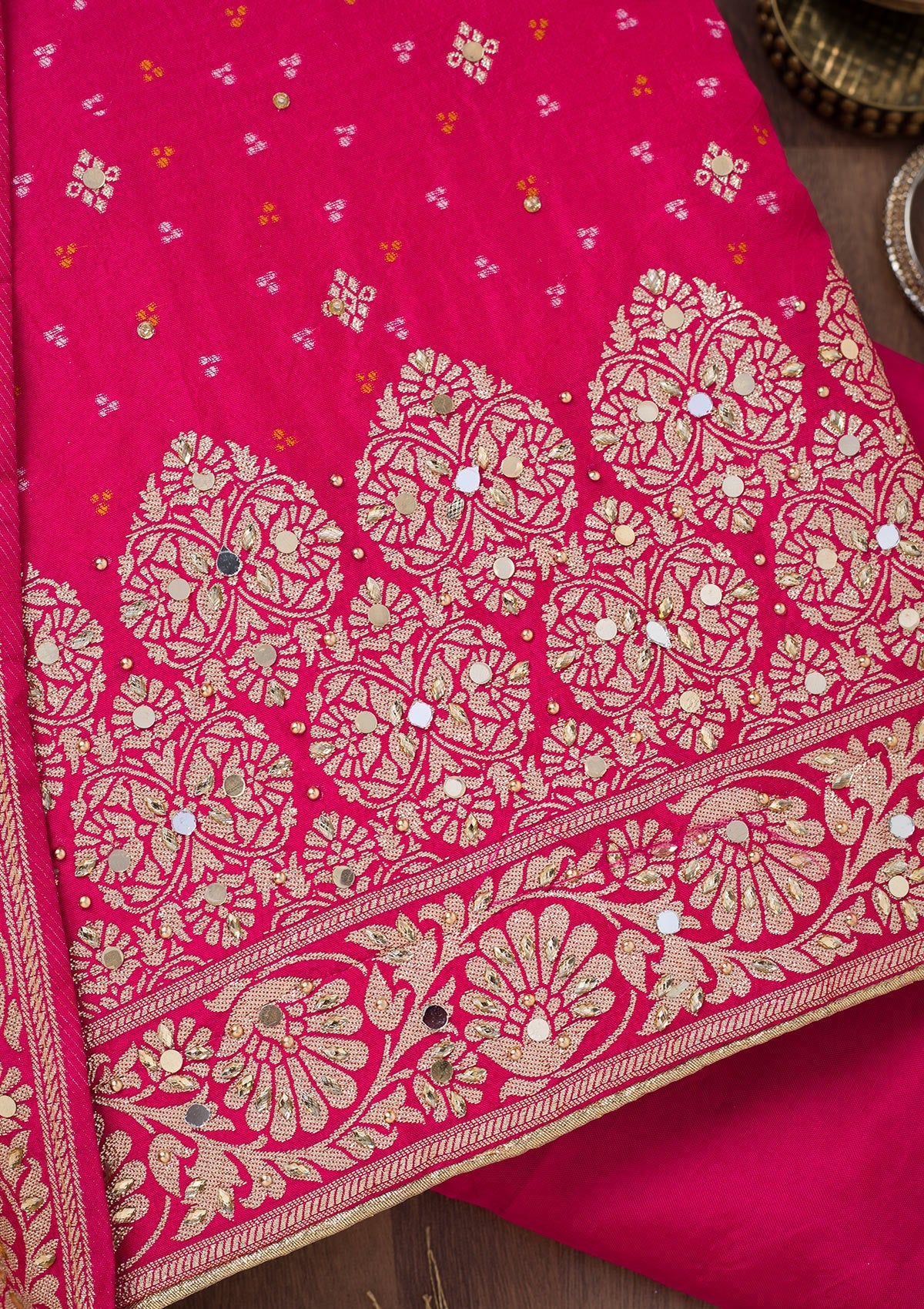 Rani Pink Mirrorwork Semi Crepe Unstitched Salwar Suit