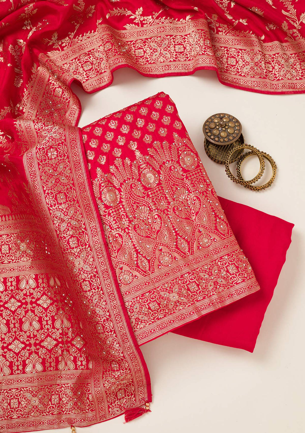 Red Zariwork Art Silk Unstitched Salwar Suit