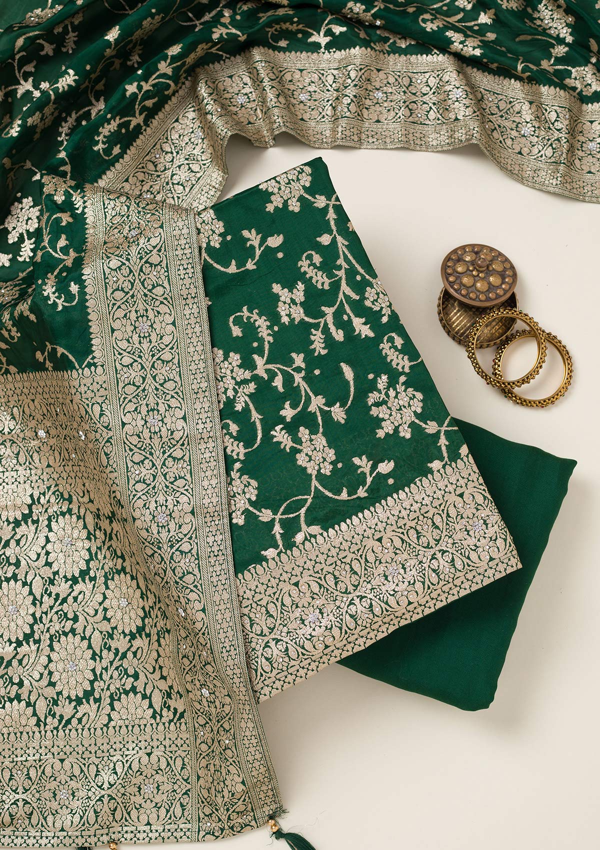 Bottle Green Zariwork Semi Crepe Unstitched Salwar Suit