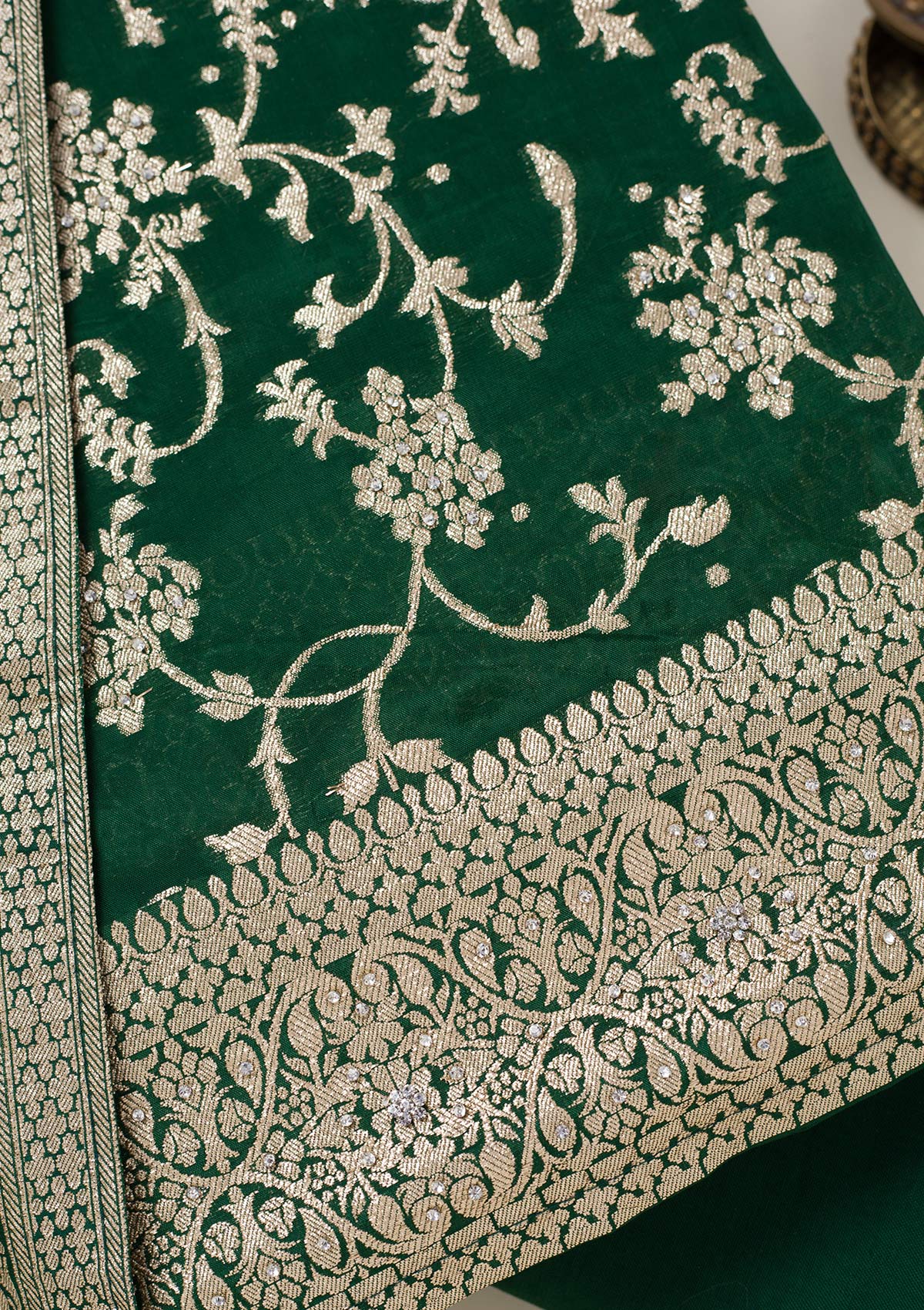 Bottle Green Zariwork Semi Crepe Unstitched Salwar Suit