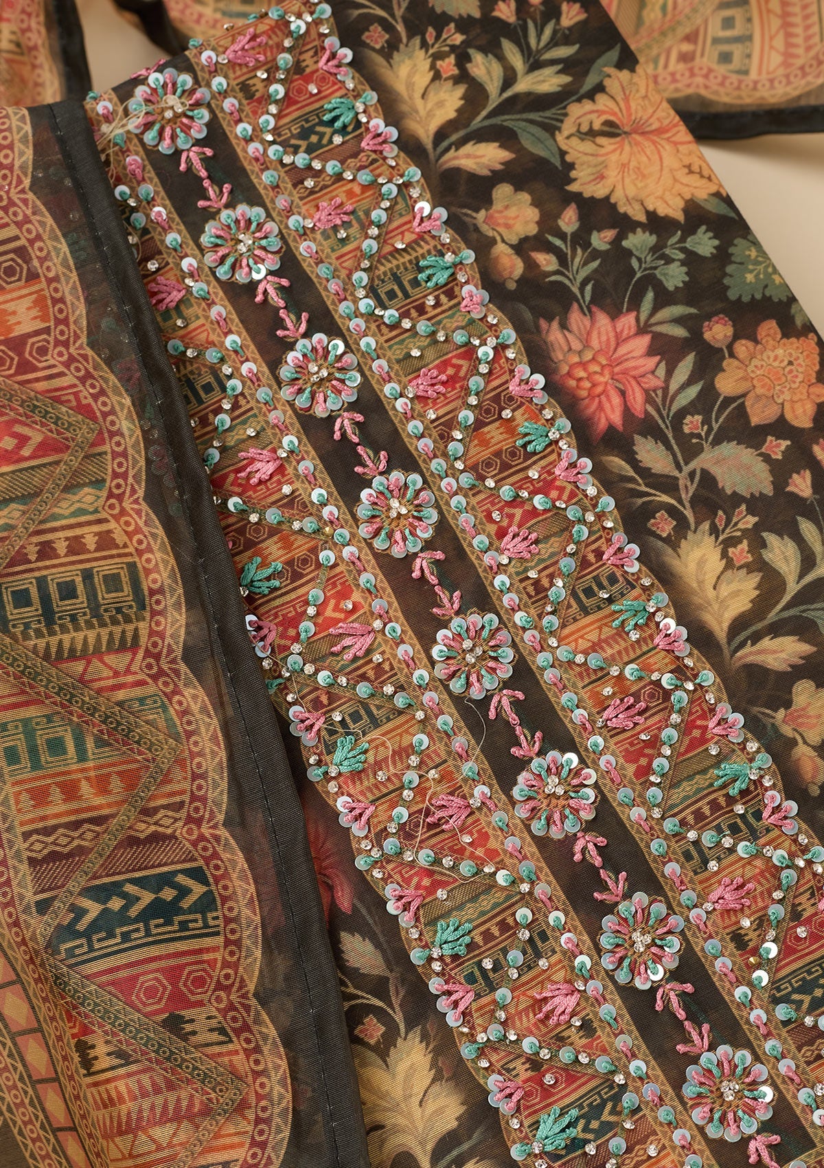 Black Printed Chanderi Unstitched Salwar Suit