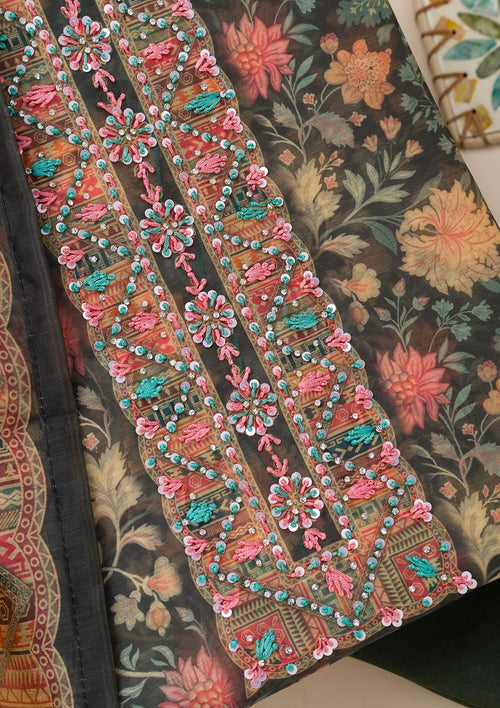 Bottle Green Printed Chanderi Unstitched Salwar Suit