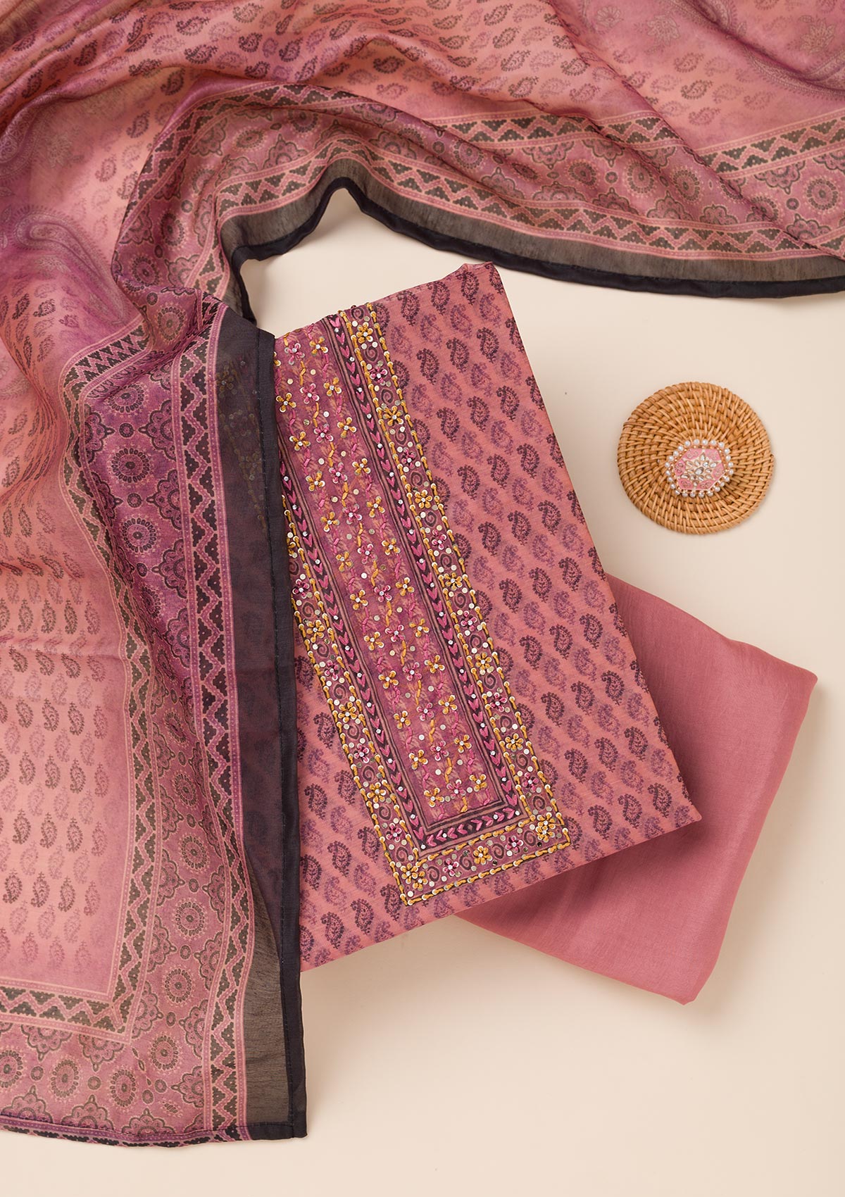 Pink Printed Chanderi Unstitched Salwar Suit