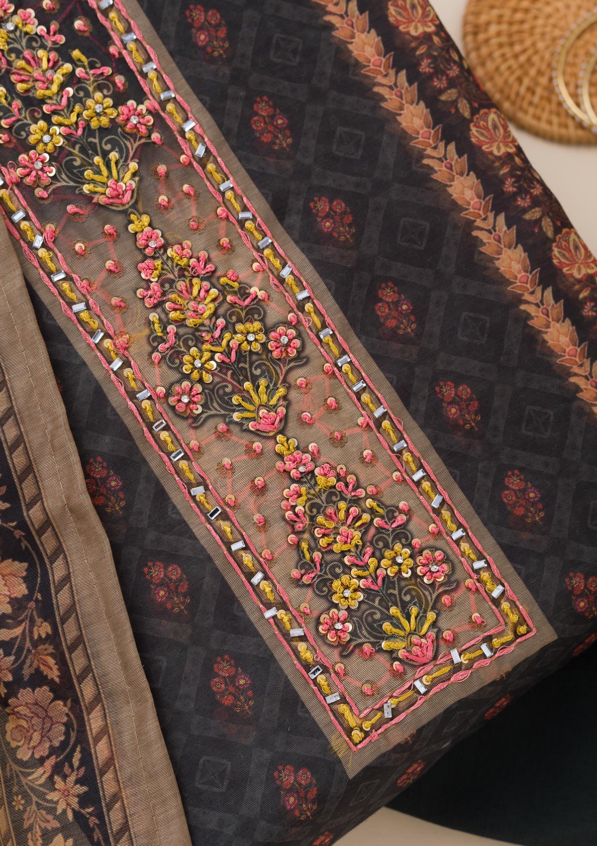 Black Printed Chanderi Unstitched Salwar Suit