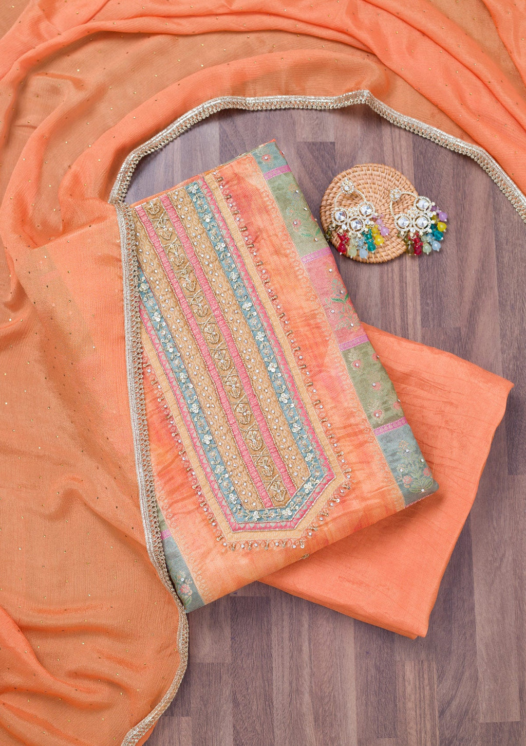 Peach Stonework Semi Crepe Unstitched Salwar Suit