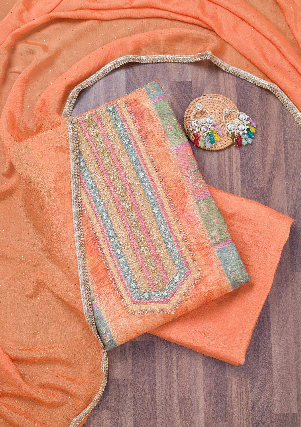 Peach Stonework Semi Crepe Unstitched Salwar Suit
