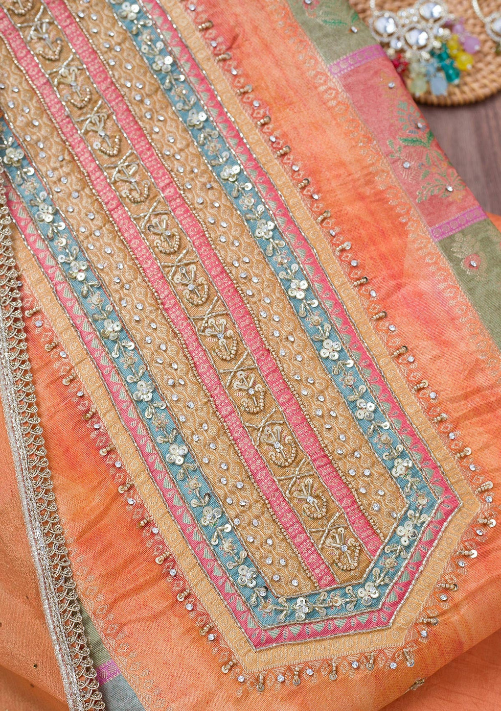 Peach Stonework Semi Crepe Unstitched Salwar Suit