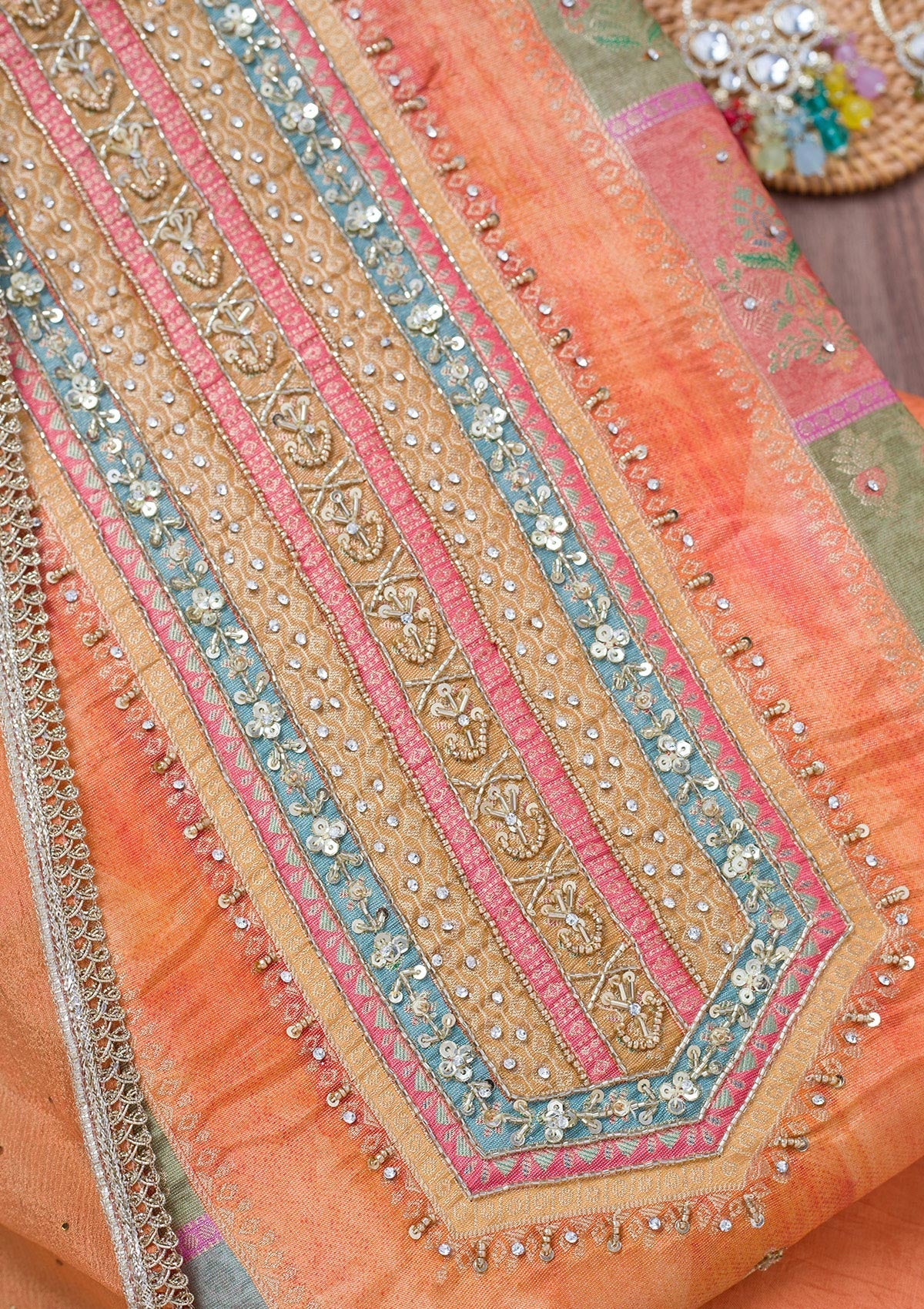 Peach Stonework Semi Crepe Unstitched Salwar Suit