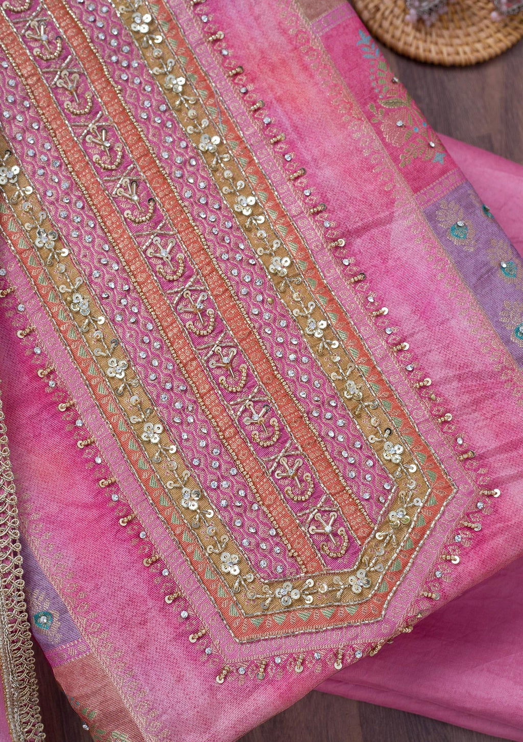 Pink Stonework Semi Crepe Unstitched Salwar Suit