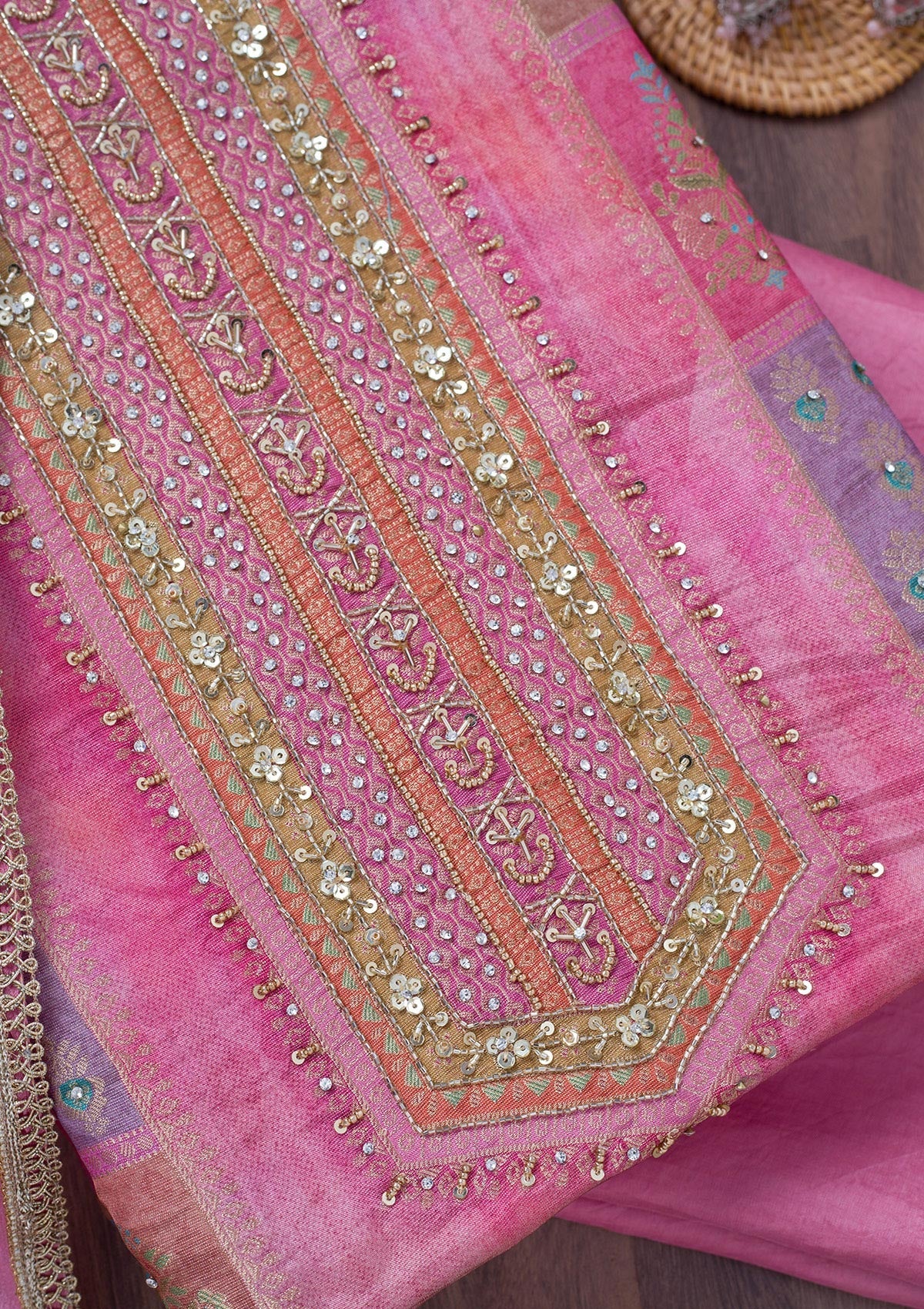 Pink Stonework Semi Crepe Unstitched Salwar Suit
