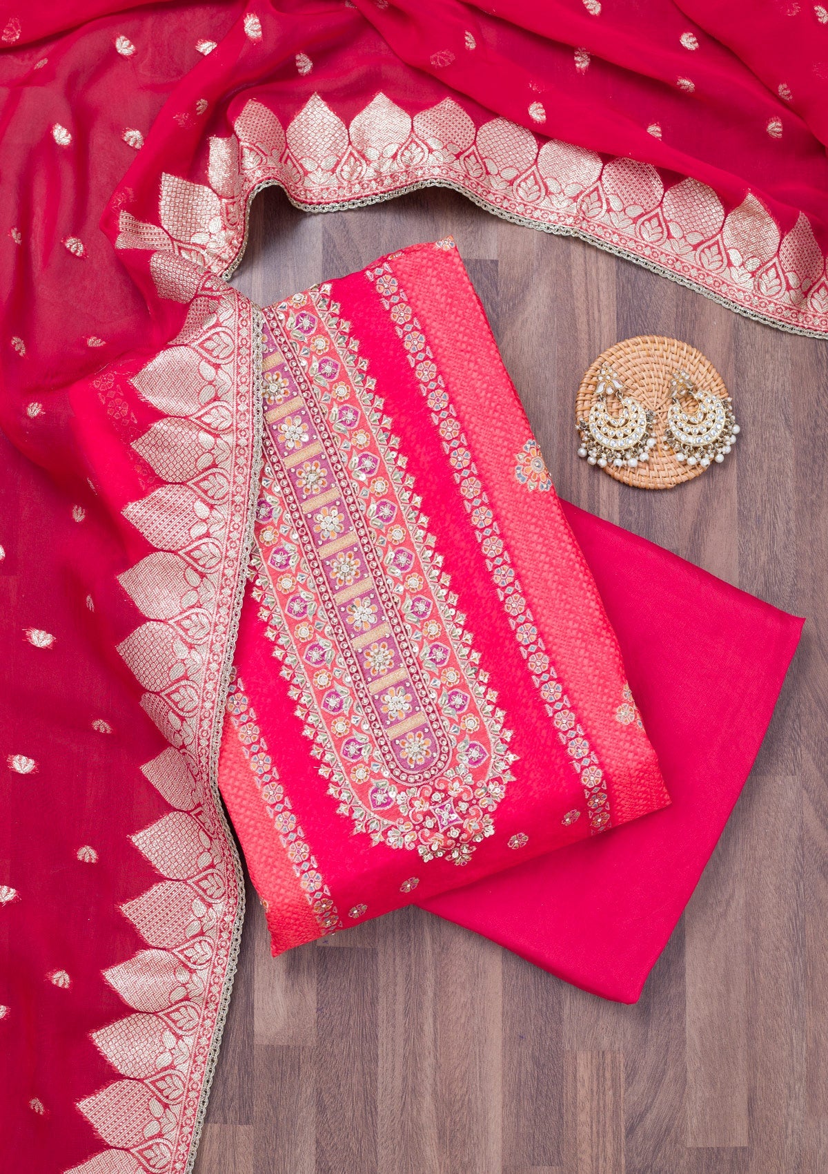 Red Cutdana Tissue Unstitched Salwar Suit
