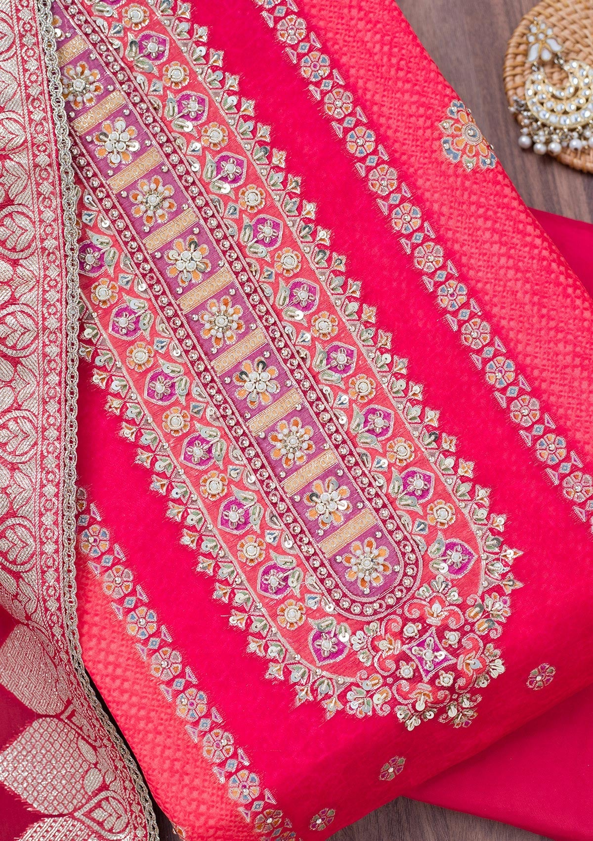 Red Cutdana Tissue Unstitched Salwar Suit