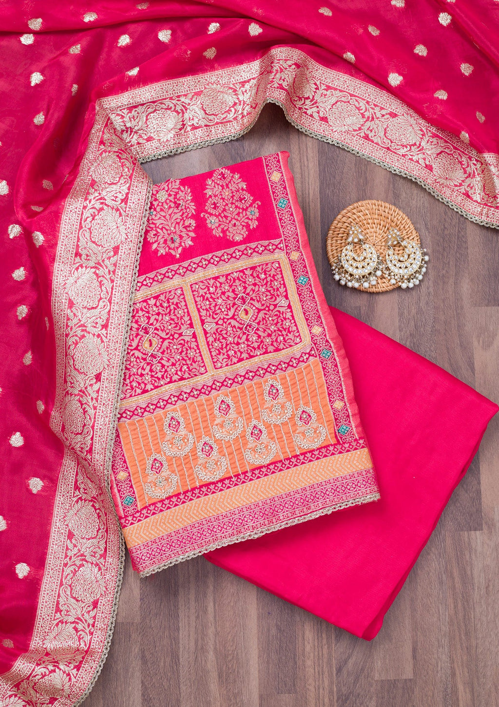 Red Cutdana Semi Crepe Unstitched Salwar Suit