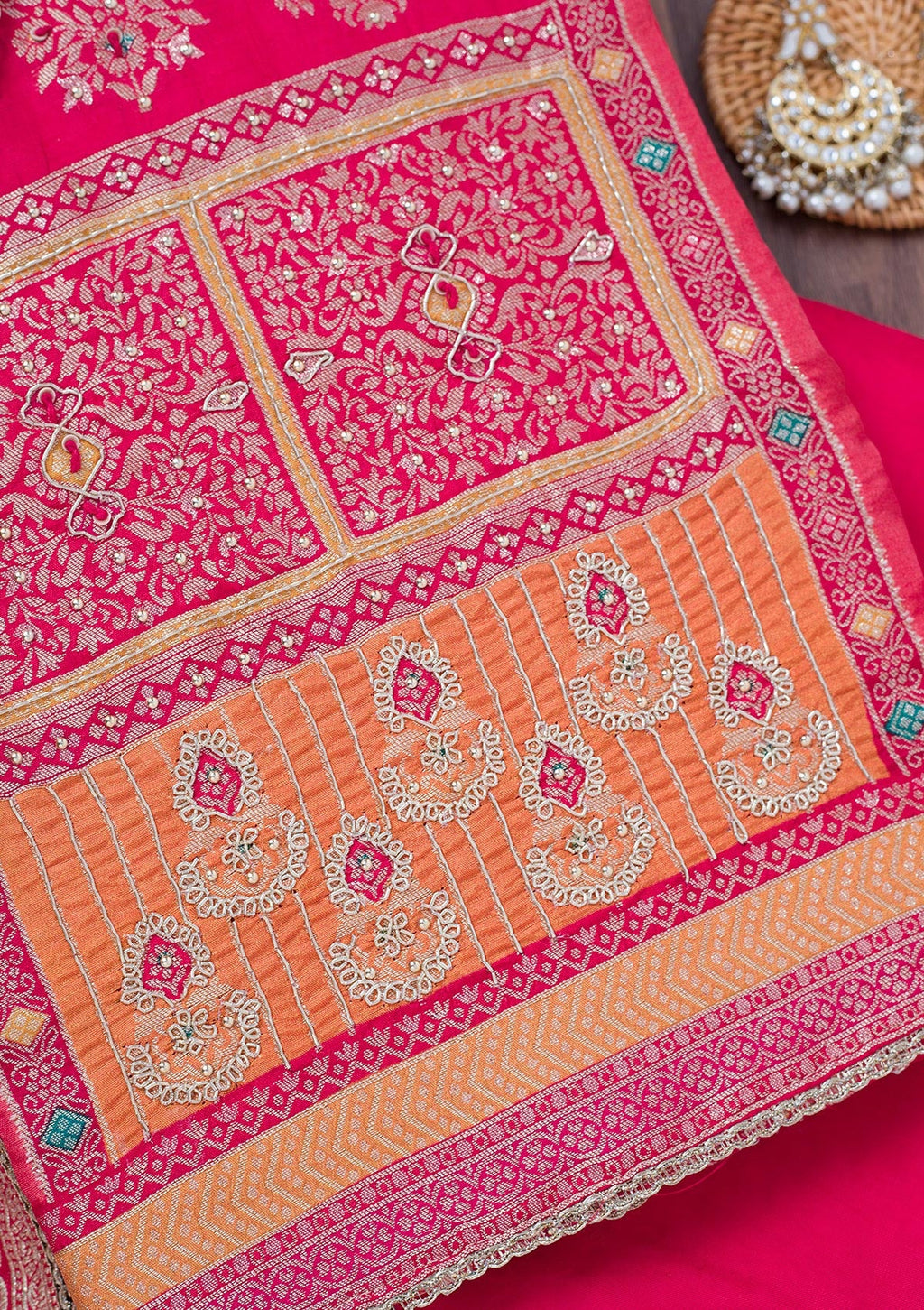 Red Cutdana Semi Crepe Unstitched Salwar Suit