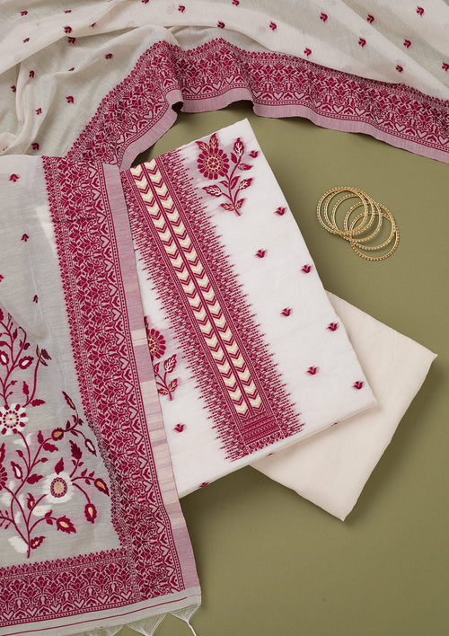 Cream Threadwork Linen Unstitched Salwar Suit