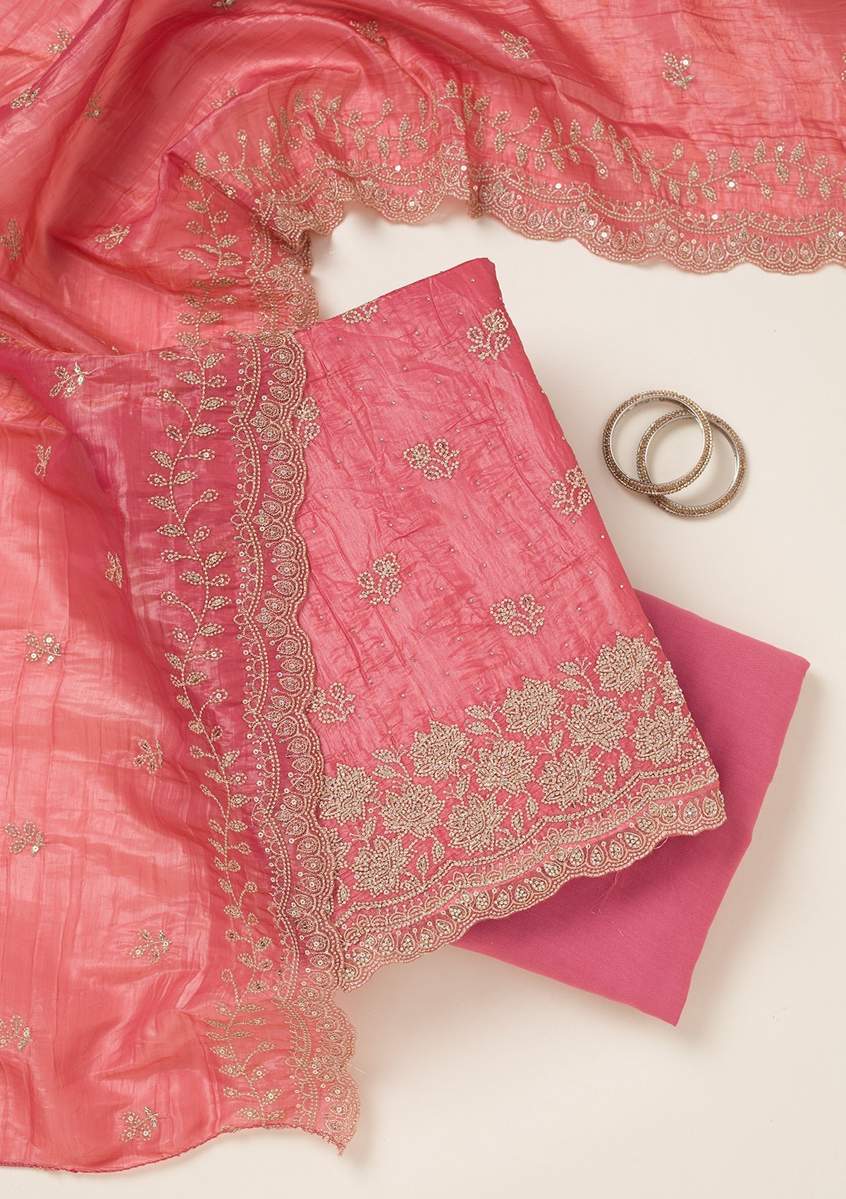 Onion Pink Threadwork Tissue Unstitched Salwar Suit