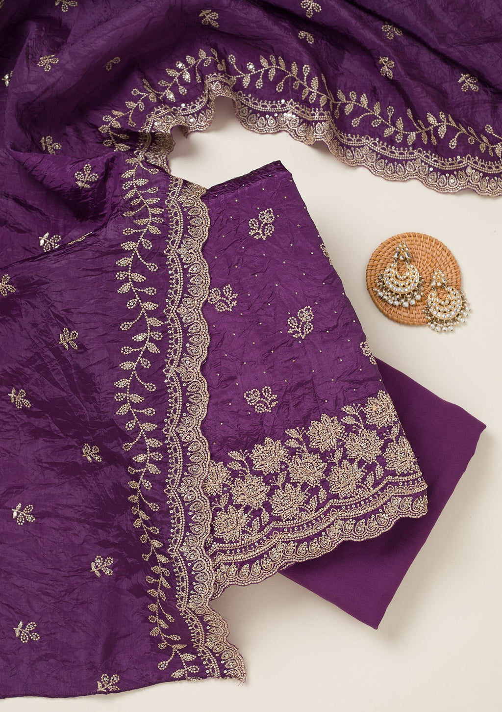 Purple Threadwork Tissue Unstitched Salwar Suit