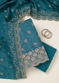 Turquoise Blue Threadwork Tissue Unstitched Salwar Suit