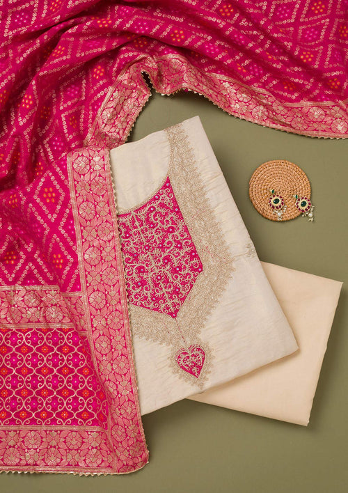 Beige Zariwork Tissue Unstitched Salwar Suit