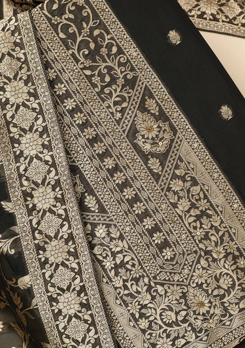 Black Zariwork Dola Silk Unstitched Salwar Suit