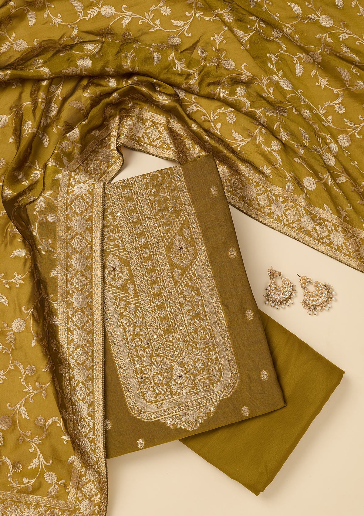 Mehendi Zariwork Dola Silk Unstitched Salwar Suit