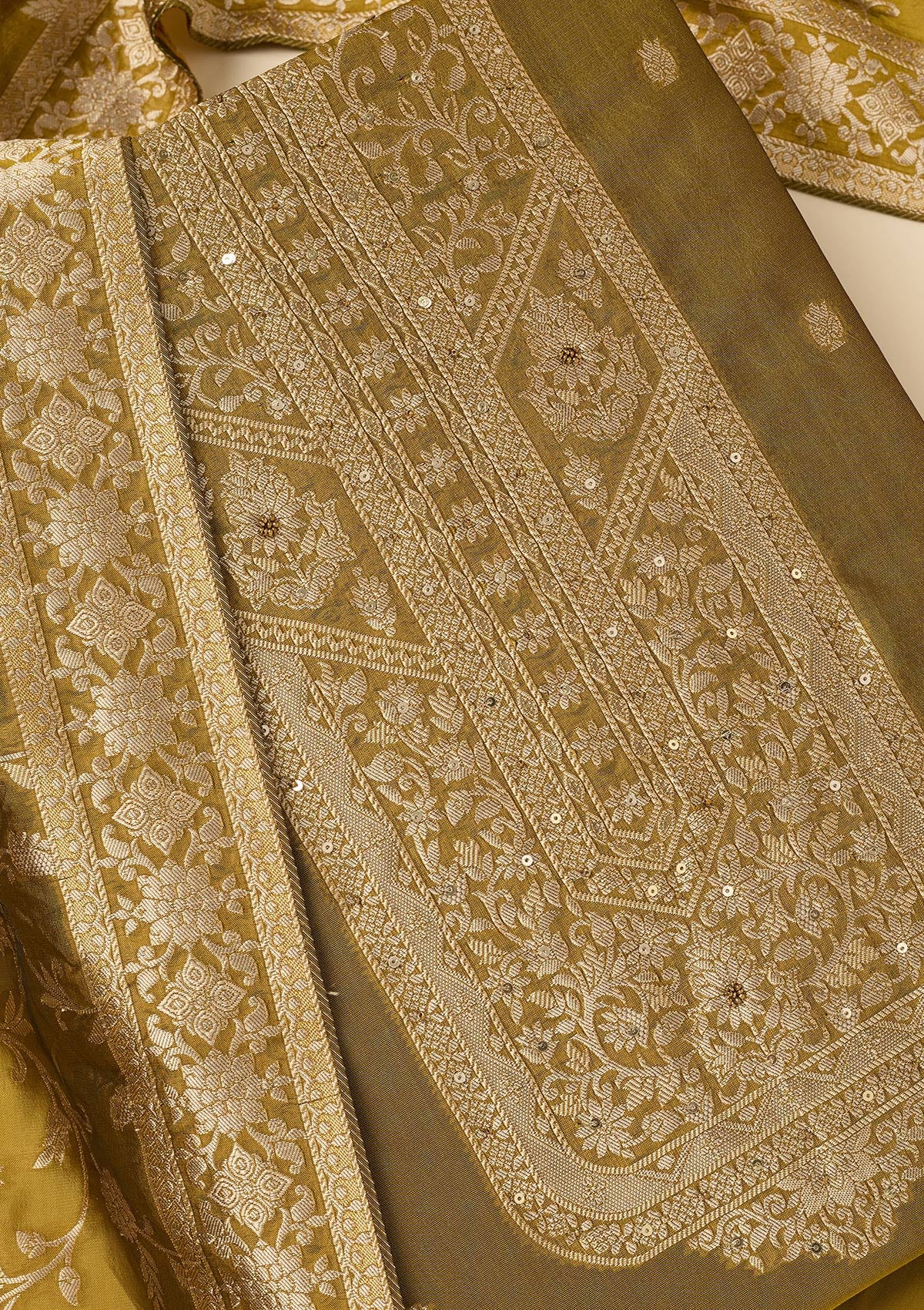 Mehendi Zariwork Dola Silk Unstitched Salwar Suit