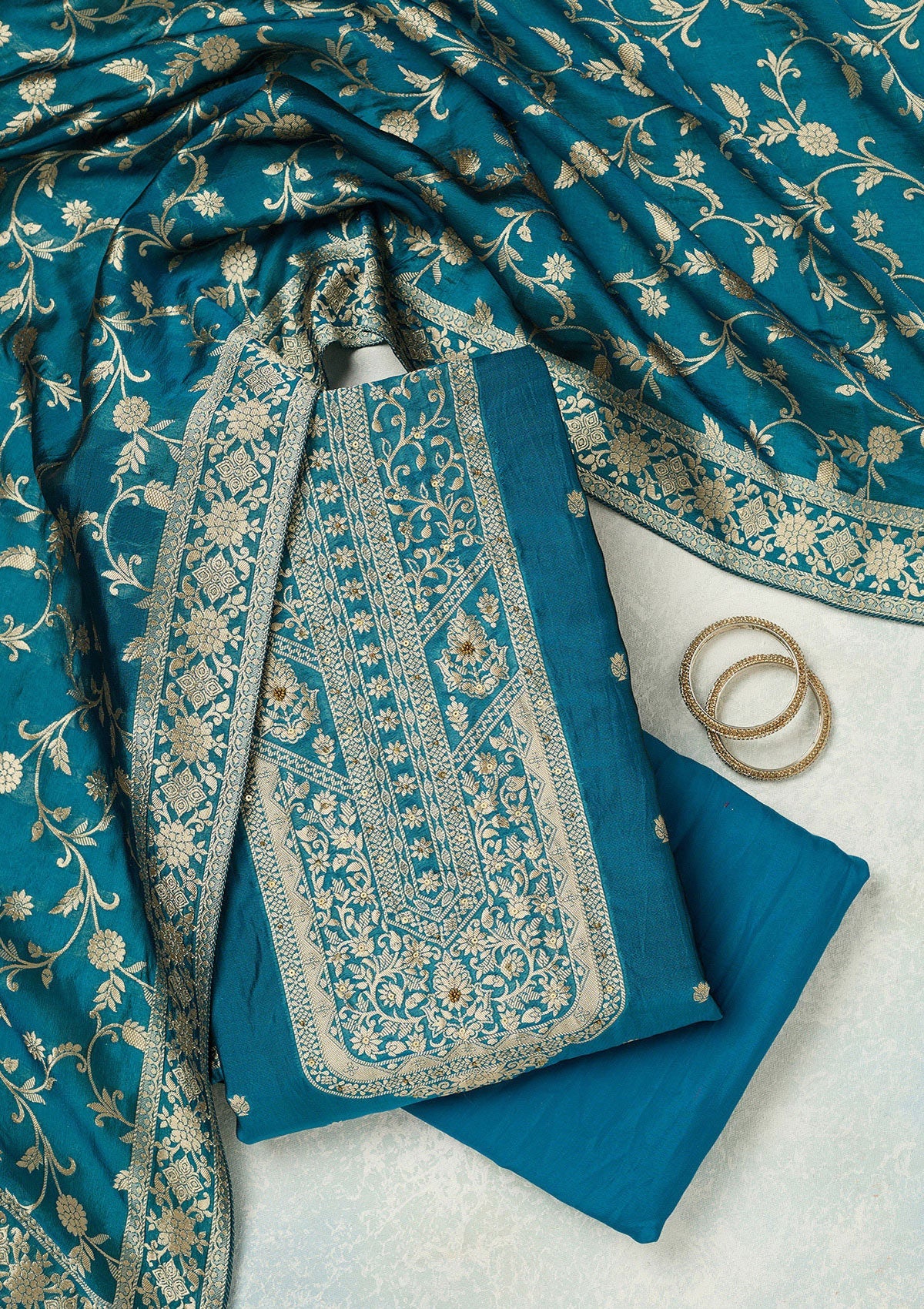 Peacock Blue Subtle Dola Silk Unstitched Salwar Suit