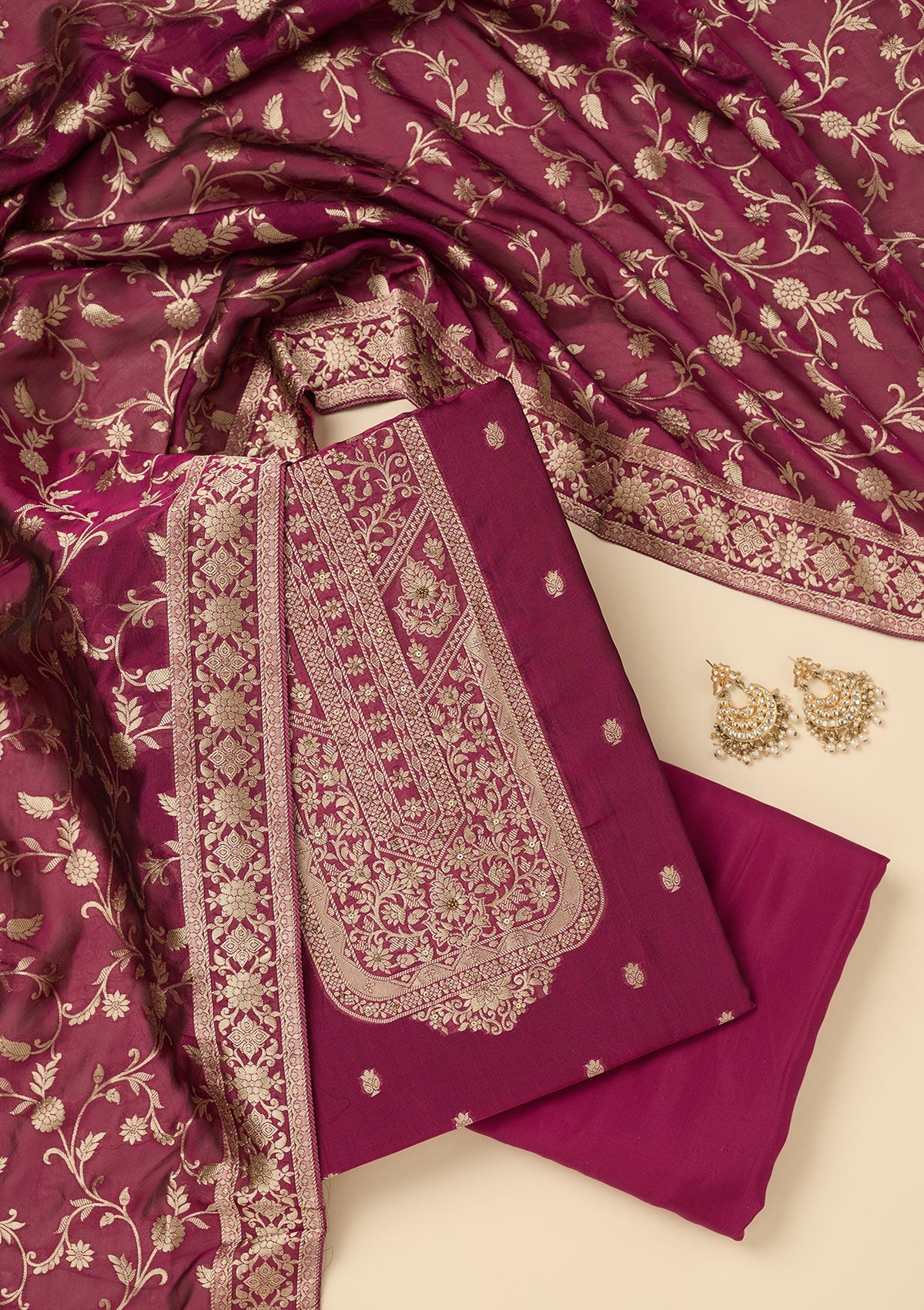 Wine Zariwork Dola Silk Unstitched Salwar Suit