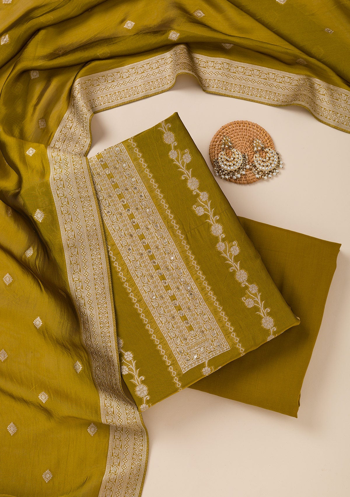 Green Zariwork Opada Silk Unstitched Salwar Suit