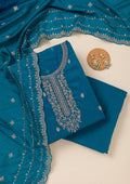 Turquoise Blue Cording Soft Raw Silk Unstitched Salwar Suit